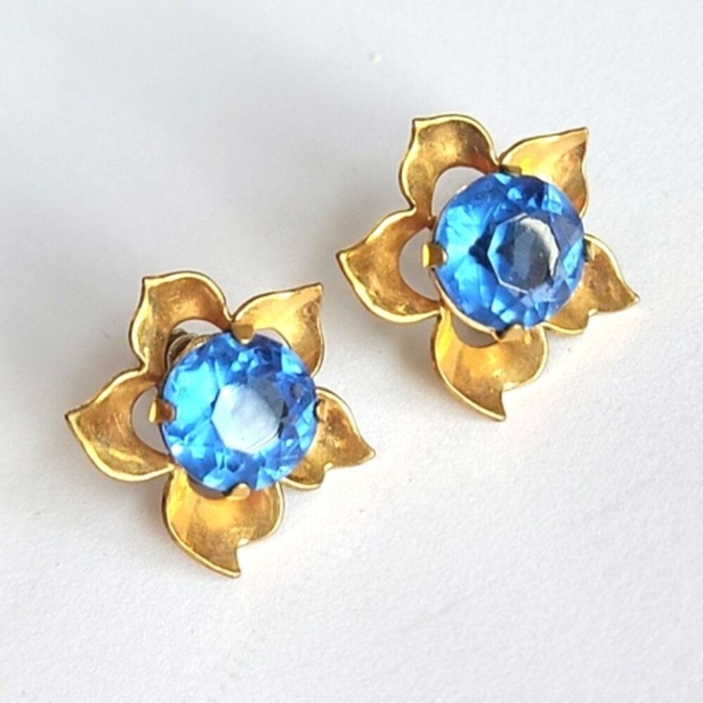 Vintage Gold Filled Sterling Silver Blue Crystal Flower Screw Back Stud Earrings